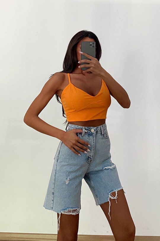 Kalp Yaka Crop Top Turuncu