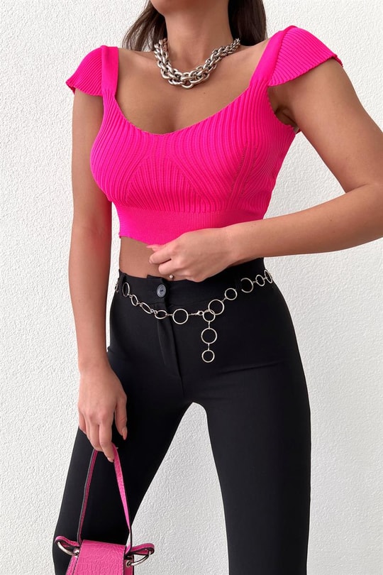 Kol Detay Triko Top Fuşya