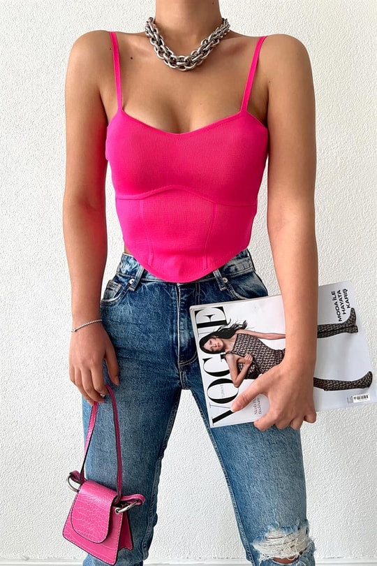 Korsaj Baretli Crop Top Fuşya