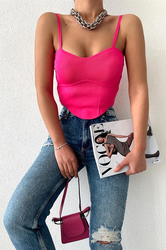 Korsaj Baretli Crop Top Fuşya