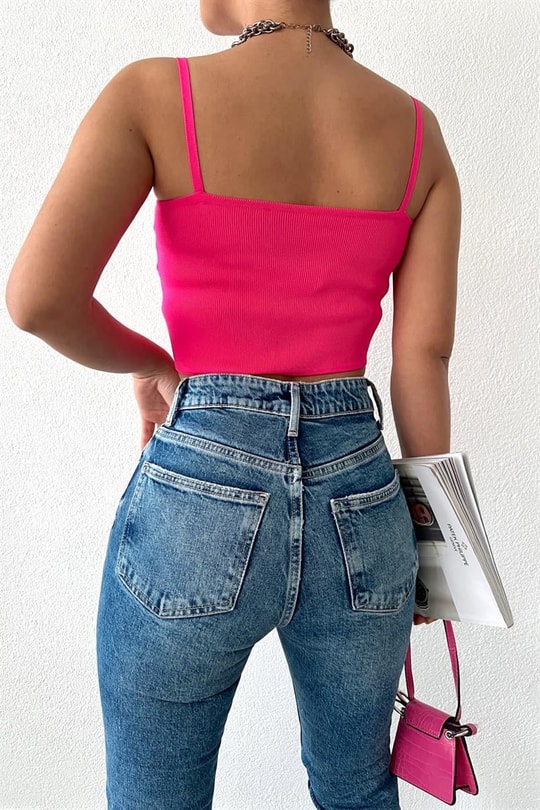Korsaj Baretli Crop Top Fuşya