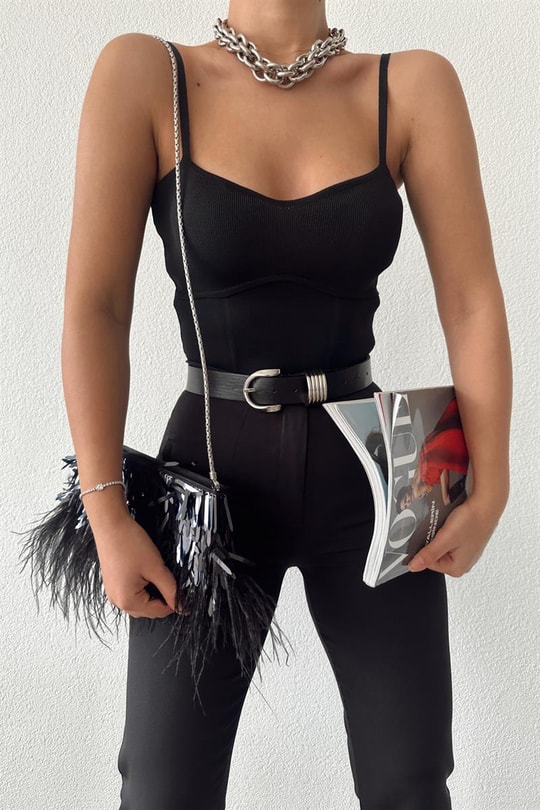 Korsaj Baretli Crop Top Siyah