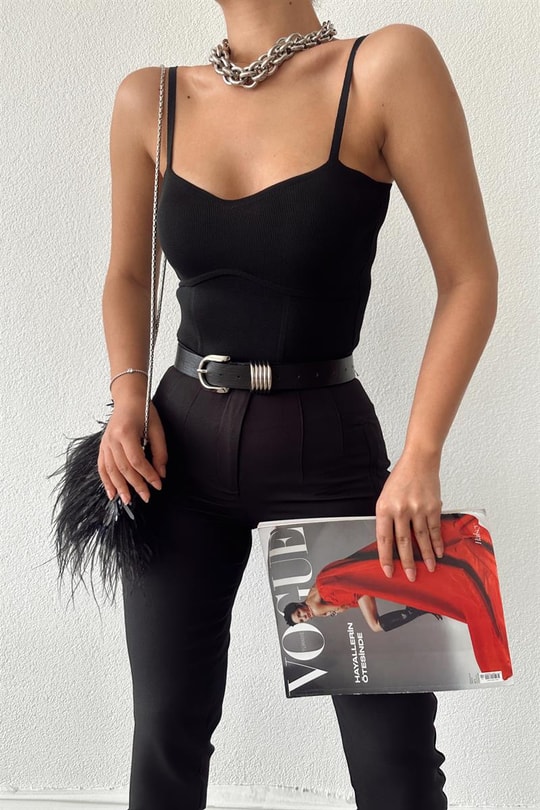 Korsaj Baretli Crop Top Siyah