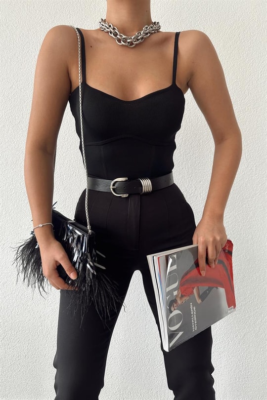 Korsaj Baretli Crop Top Siyah
