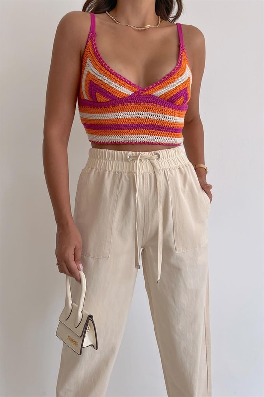 Kroşe Örme Şeritli Crop Top Oranj