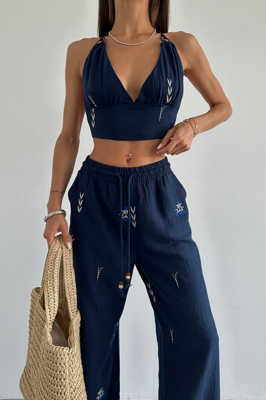 Nakışlı Keten Crop Lacivert