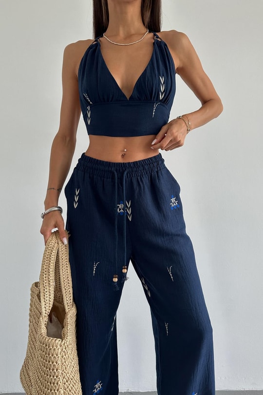Nakışlı Keten Crop Lacivert