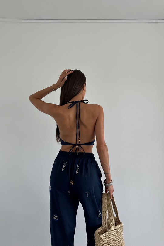 Nakışlı Keten Crop Lacivert
