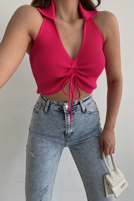 Ön Büzgülü Triko Top Pembe