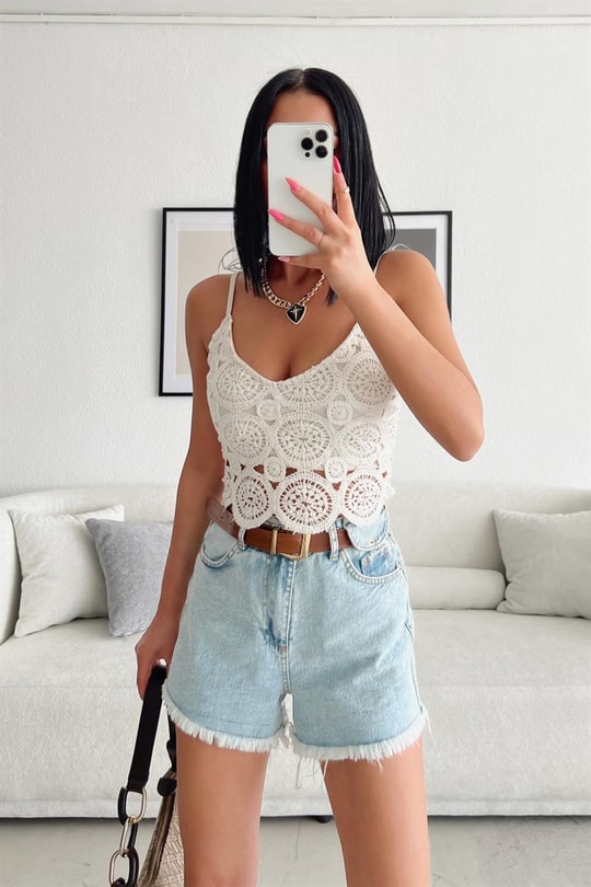 Örme Etnik Crop Top Bej