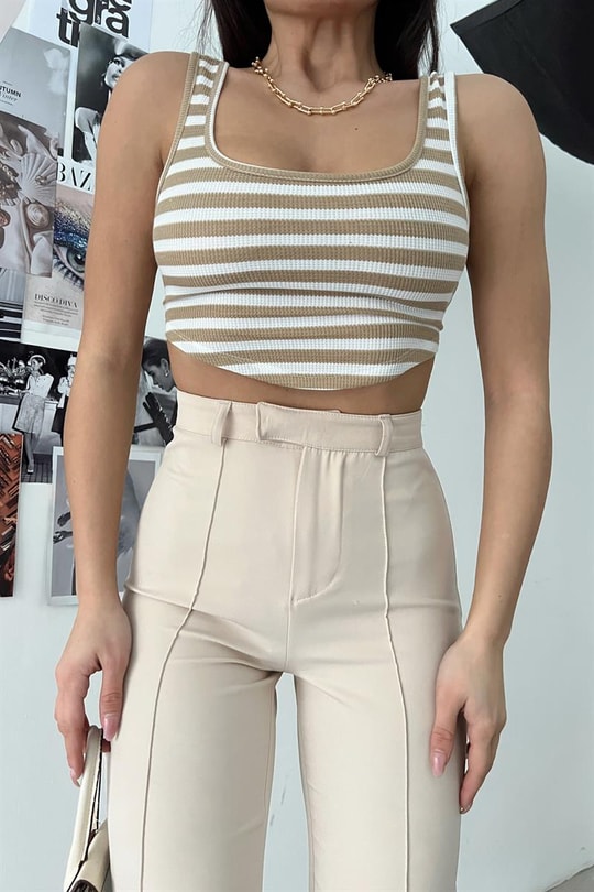 Oval Çizgili Crop Top Bej