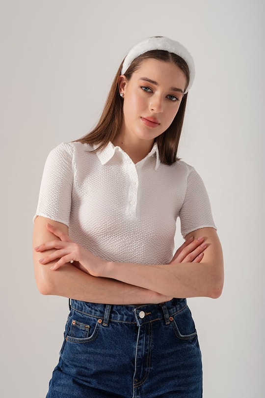 Polo Krinkıl Crop Top Beyaz