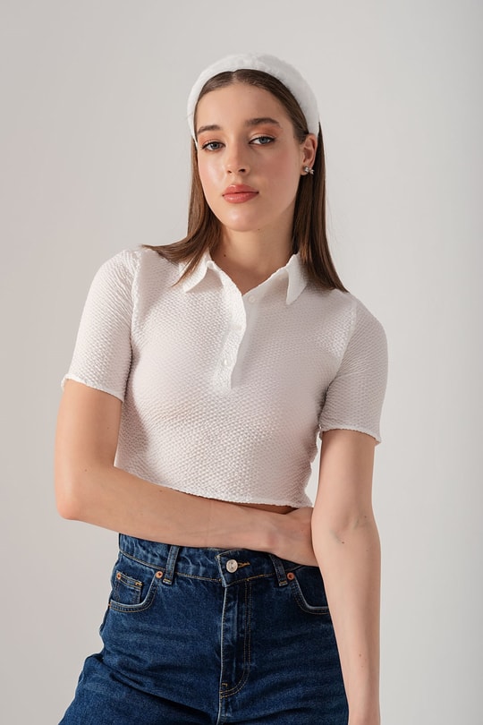 Polo Krinkıl Crop Top Beyaz