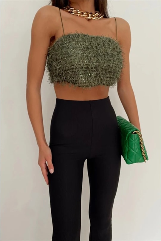 Püsküllü Crop Top Haki