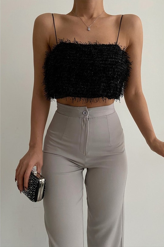Püsküllü Crop Top Siyah