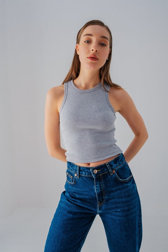 Ribana Detaylı Crop Top Gri
