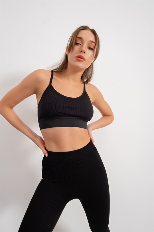 Seamless Fitilli Spor Sütyeni Siyah