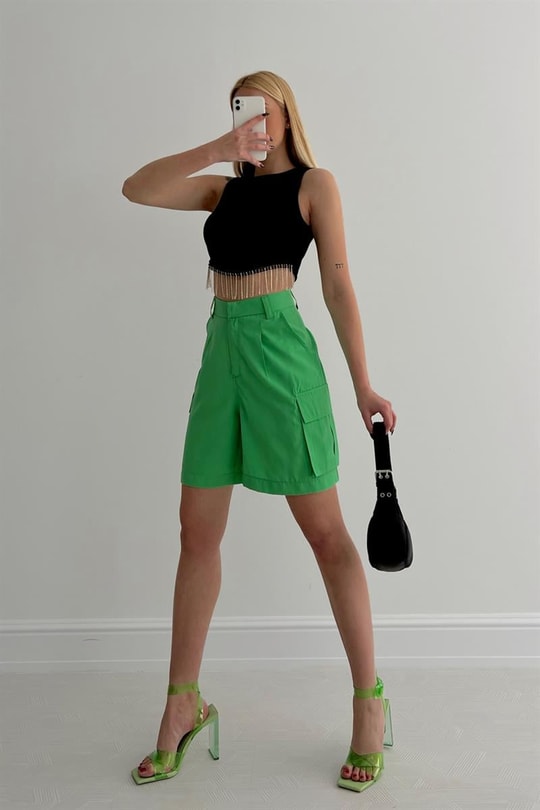 Su Yolu Taşlı Crop Top Siyah