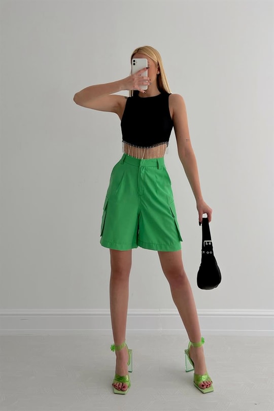 Su Yolu Taşlı Crop Top Siyah