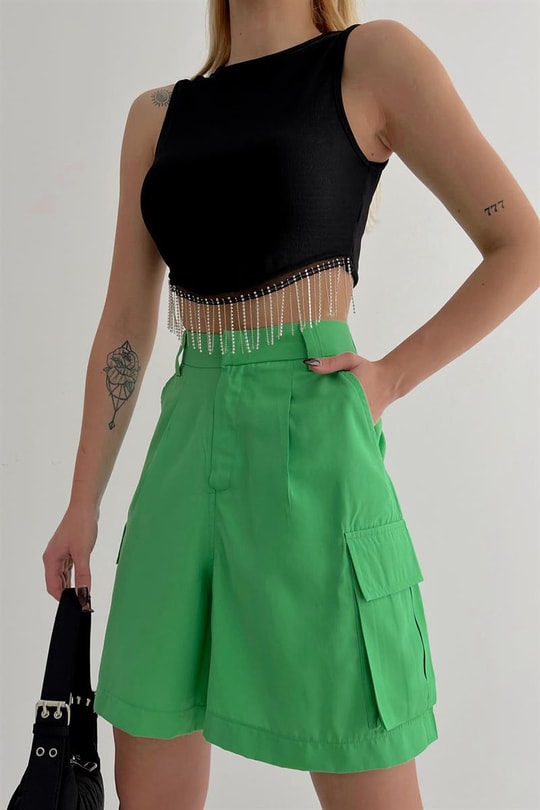 Su Yolu Taşlı Crop Top Siyah