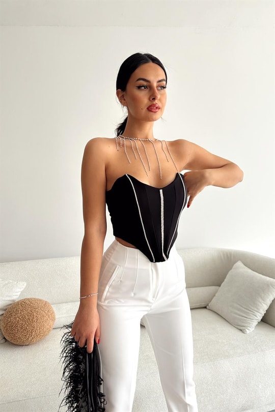 Taşlı Premium Korsaj Tops Siyah
