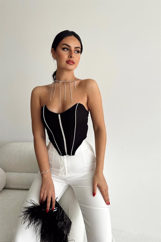 Taşlı Premium Korsaj Tops Siyah