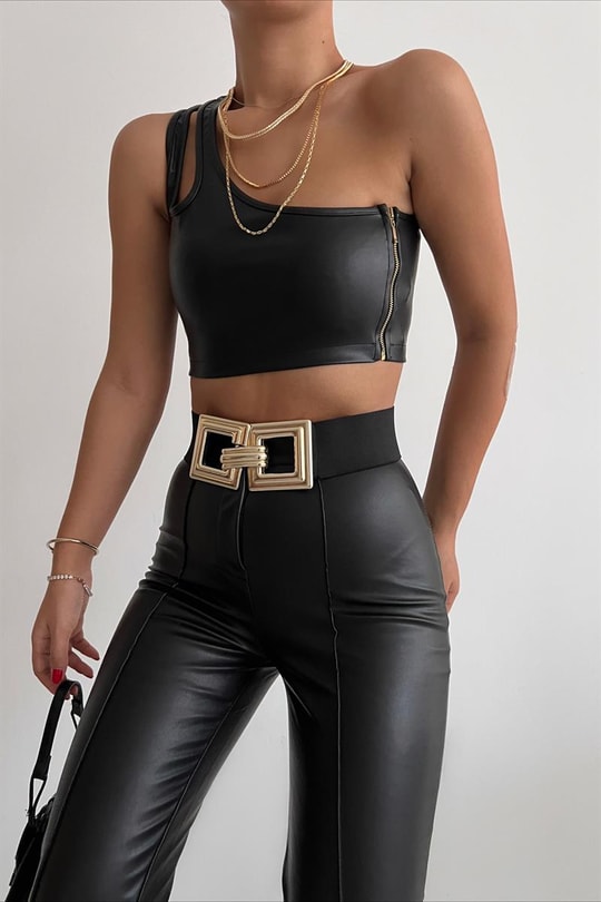 Tek Omuz Deri Crop Top Siyah