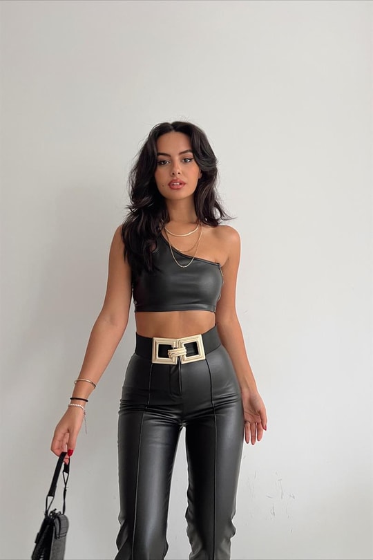 Tek Omuz Deri Crop Top Siyah