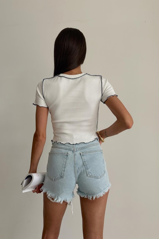 Ters Dikiş LA Baskı Tshirt Ekru