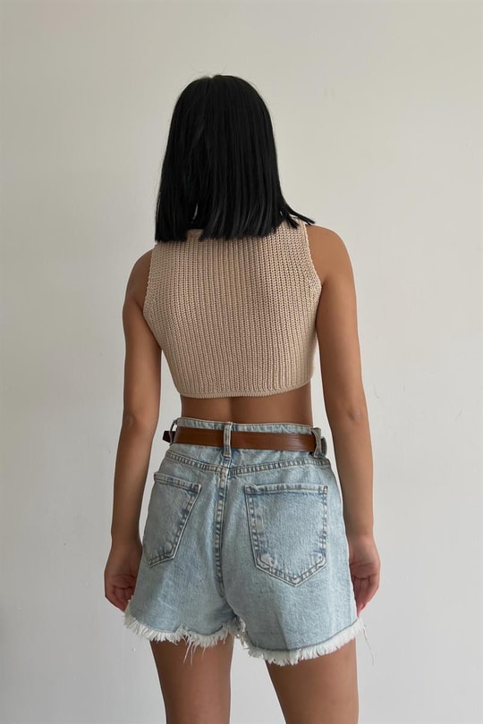 Triko Örme V Kesim Crop Top Bej