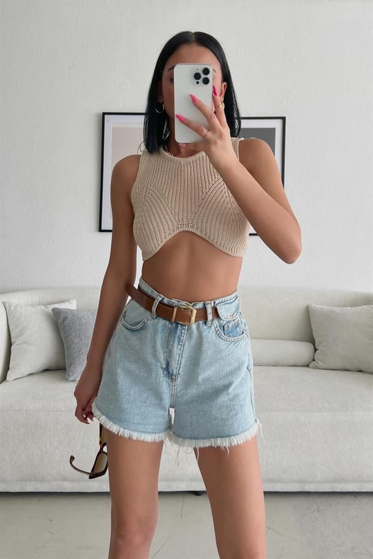 Triko Örme V Kesim Crop Top Bej