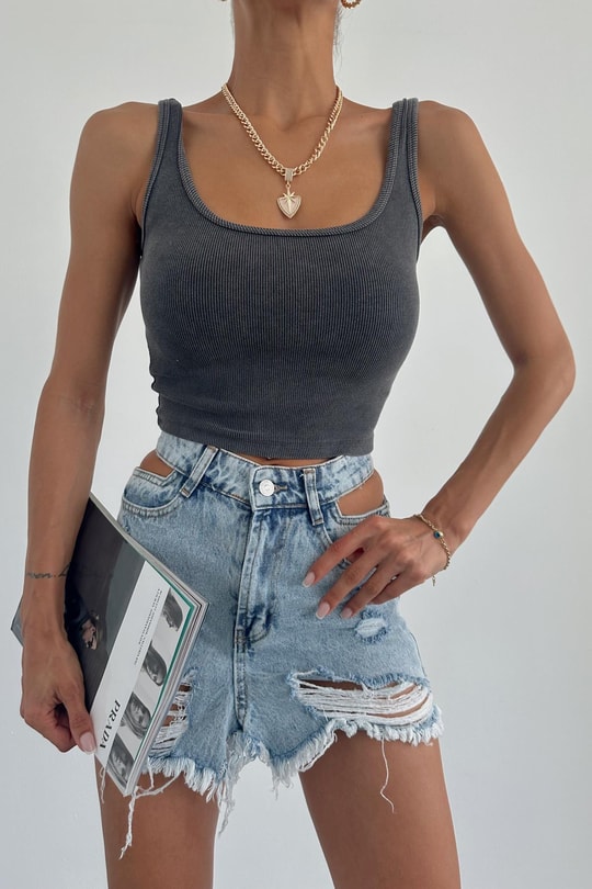 Yıkamalı Fitilli Crop Gri