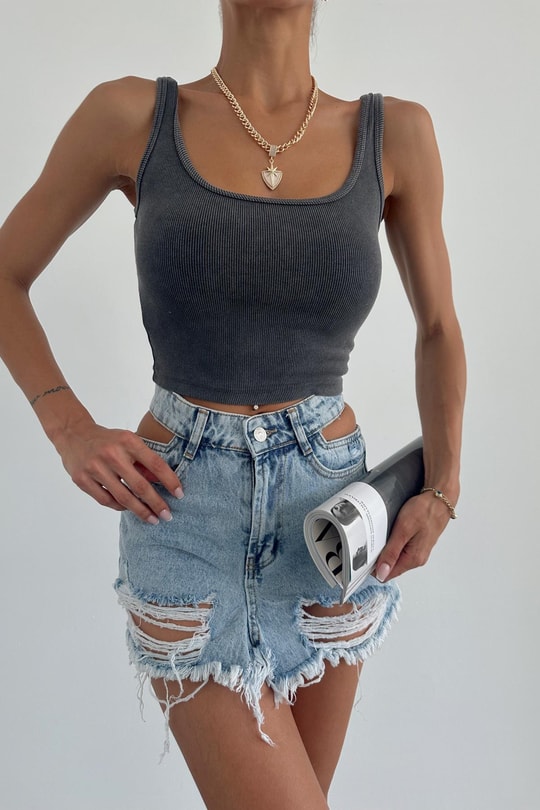 Yıkamalı Fitilli Crop Gri