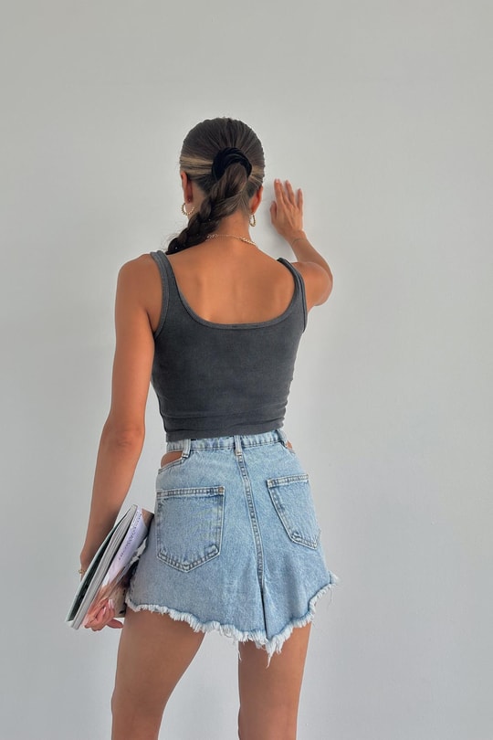 Yıkamalı Fitilli Crop Gri
