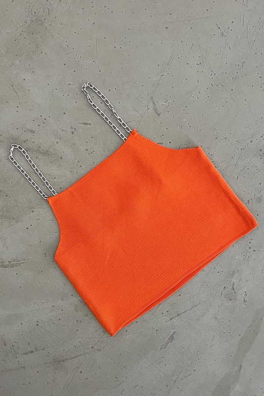 Zincirli Askılı Triko Crop Top Turuncu