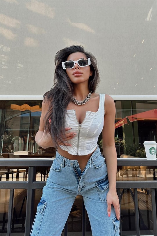 Zip Detay Korsaj Mila Top Beyaz