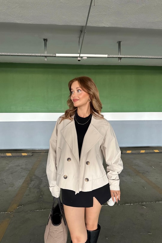 Çift Düğmeli Kısa Trençkot Taş