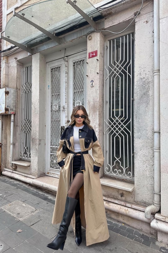 Denim Detaylı Maxi Trench Bej