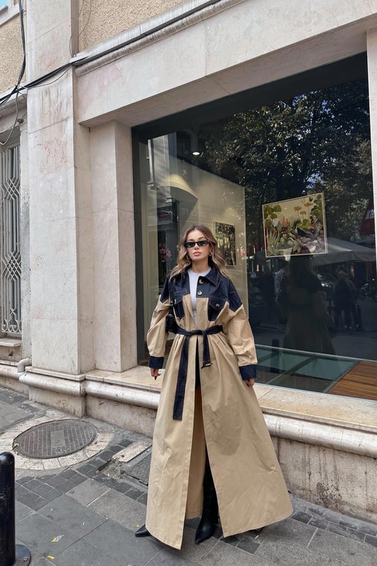 Denim Detaylı Maxi Trench Bej