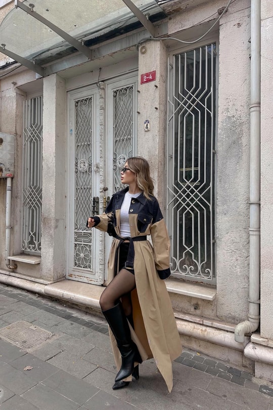 Denim Detaylı Maxi Trench Bej