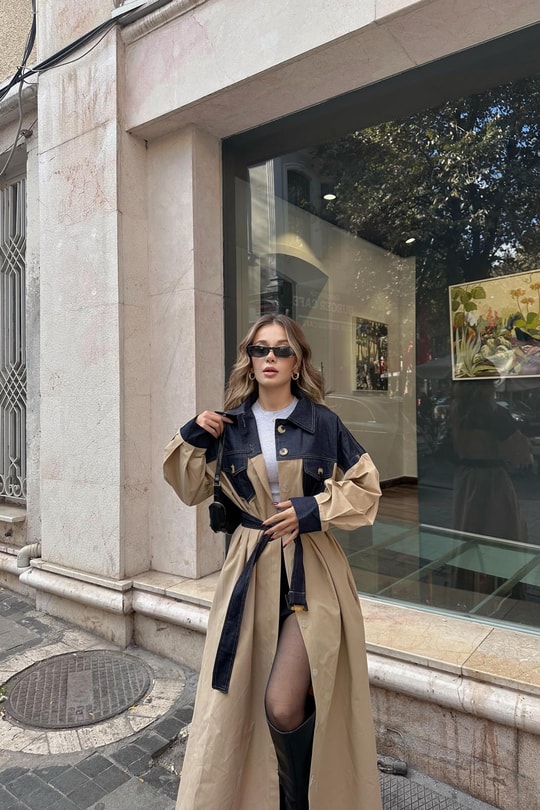 Denim Detaylı Maxi Trench Bej