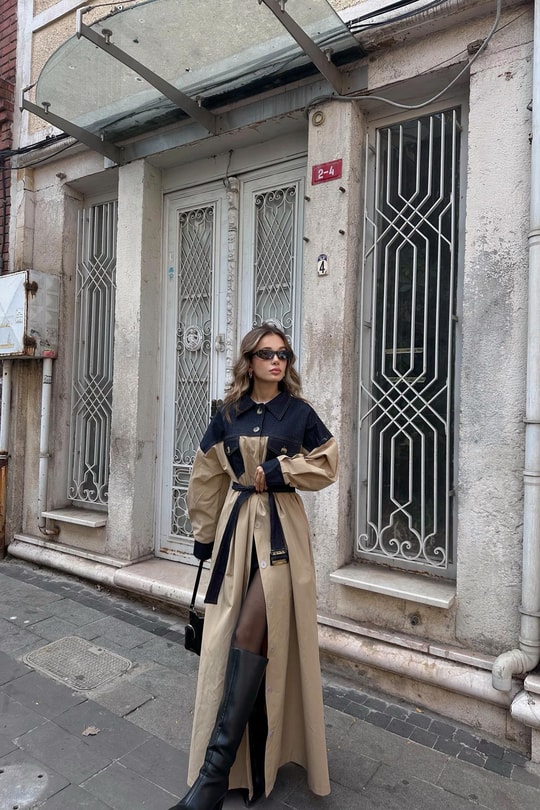 Denim Detaylı Maxi Trench Bej