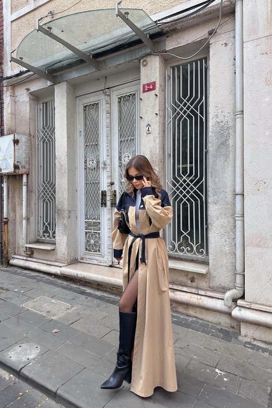 Denim Detaylı Maxi Trench Bej