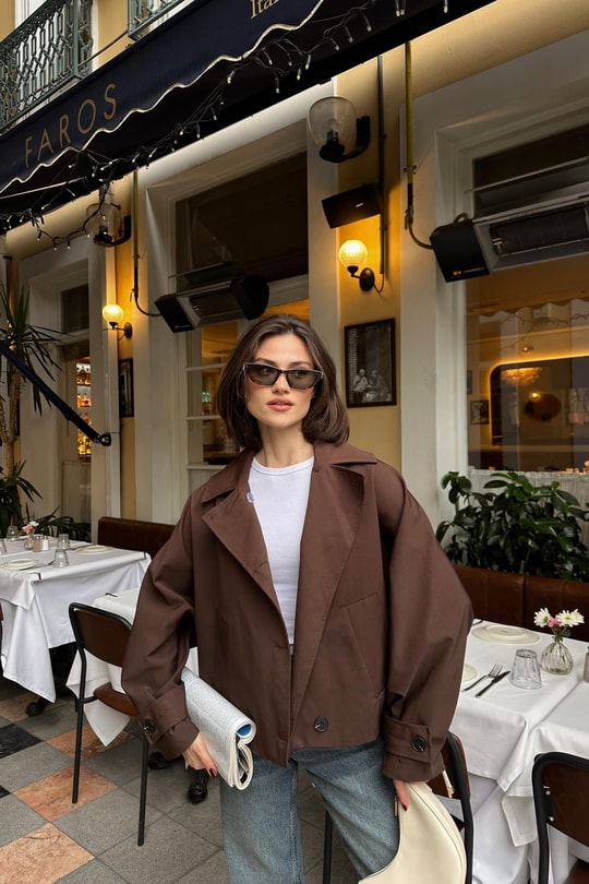 Düğmeli Kısa Trenchcoat Acı Kahve