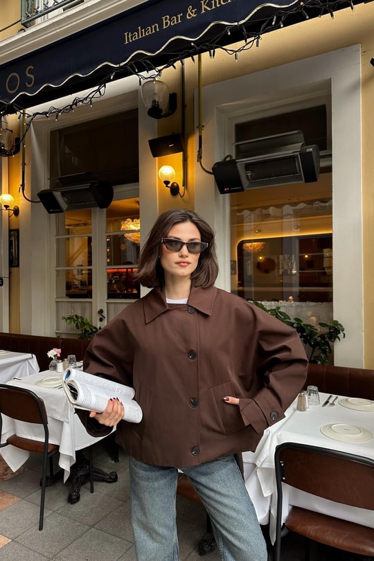 Düğmeli Kısa Trenchcoat Acı Kahve