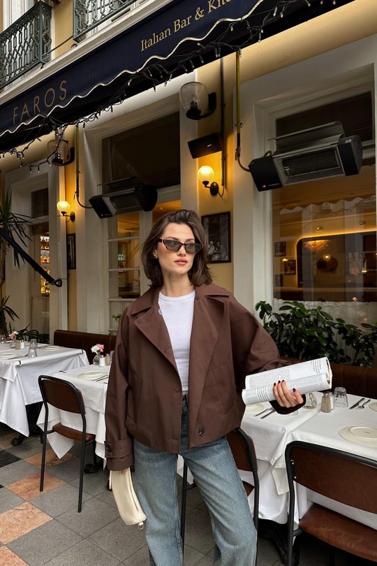 Düğmeli Kısa Trenchcoat Acı Kahve