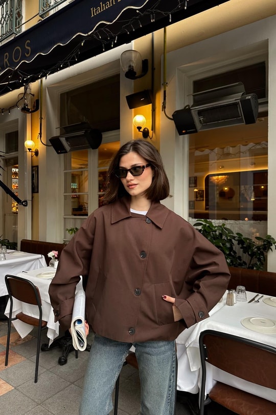 Düğmeli Kısa Trenchcoat Acı Kahve