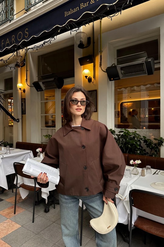 Düğmeli Kısa Trenchcoat Acı Kahve