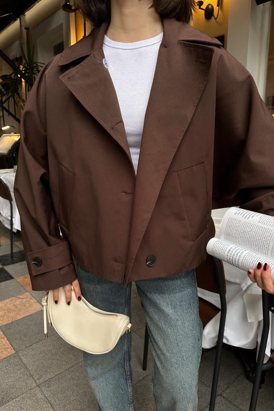 Düğmeli Kısa Trenchcoat Acı Kahve
