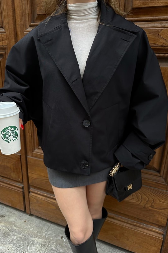 Düğmeli Kısa Trenchcoat Siyah